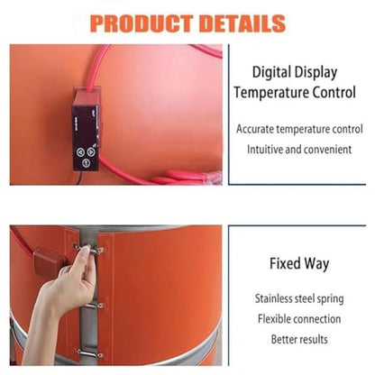 Digital Display 1500W Metal Drum Heater Pad for 55 Gallon Tanks | Elastic Spring Silicone Heating Blanket for Honey Oil Barrels & 100L Instruments