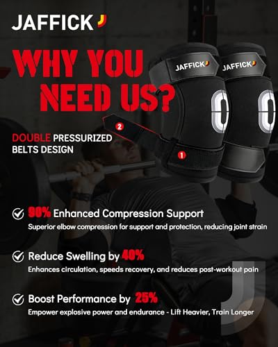 Jaffick Weightlifting Elbow Brace with Dual Adjustable Compression Strap | 1 Pair Elbow Sleeve for Bench Press, Powerlifting, Pressing, Men & Women (Black, L) - size: XL