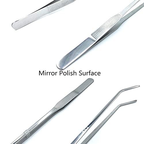 2PCS Aquarium Tweezers Stainless Steel Straight and Curved Tweezers Set Long Handle Reptile Feeding Tongs for Aquatic Plants Lizards Spider Snakes Garden Repairing - 10.6inch, Silver