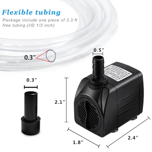 160GPH Small Fountain Pump, Ultra Quiet Submersible Water Pump (600L/H, 10Watt) with 3.3 ft Tubing for Aquariums, Pond Fountain, Water Feature, Indoor Fountains
