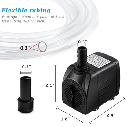 160GPH Small Fountain Pump, Ultra Quiet Submersible Water Pump (600L/H, 10Watt) with 3.3 ft Tubing for Aquariums, Pond Fountain, Water Feature, Indoor Fountains