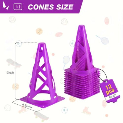 12 Pack Soccer Cones, 9 Inch Agility Cones for Soccer, Football, Basketball, Cones for Sports Training, Speed & Agility Drills, Field Marking Equipment - color: purple