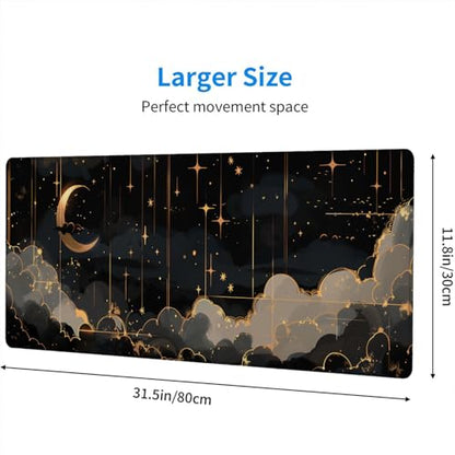 Black Gold Celestial Desk Mat - Extended Gaming Mouse Pad with Stitched Edge Non-Slip Base - 31.5"x11.8" - color: Black Gold Celestial_012, size: 11.8" x 31.5"