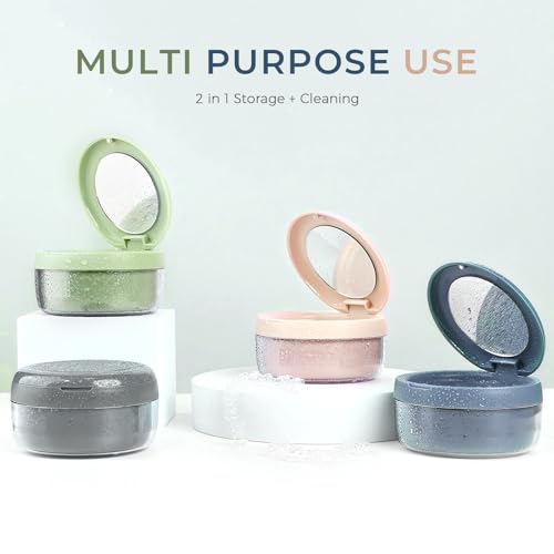 Denture Case, 2-in-1 Retainer Cleaner Case with Mirror & Strainer, Portable Aligner Bath Soaking Cup for Travel, Cute Orthodontic Storage Box for Mouth Guard, Night Guard & False Teeth, Blue