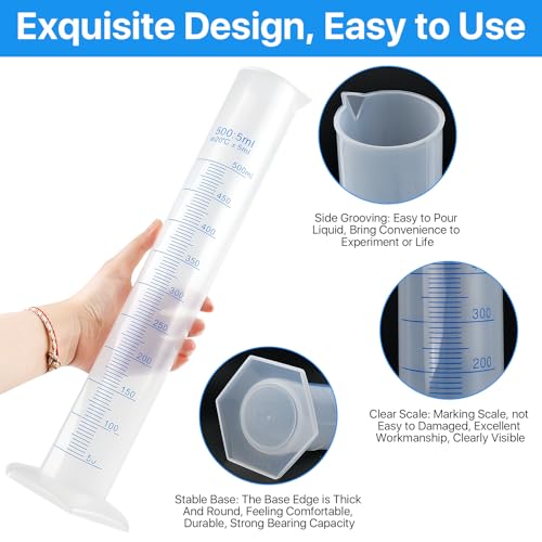 4 Packs 500ml Plastic Graduated Cylinder,Transparent Measuring Cylinder Set with Pour Spout, 2-Sided Making Plastic Lab Test Tube for Science Projects, Laboratory Supplies