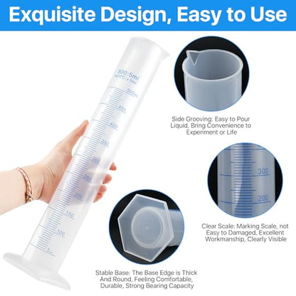4 Packs 500ml Plastic Graduated Cylinder,Transparent Measuring Cylinder Set with Pour Spout, 2-Sided Making Plastic Lab Test Tube for Science Projects, Laboratory Supplies
