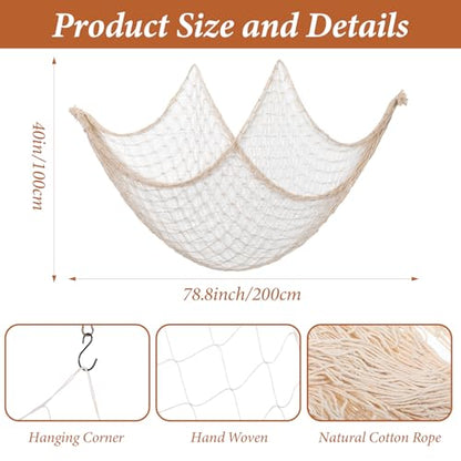 6 Pack Natural Cotton Fish Net Decorations, Beige Wall Hanging Party Fishing Net Decor for Pirate, Mermaid, Hawaiian, Ocean Themed, Beach Bash Decoration, 78.7x40 Inch