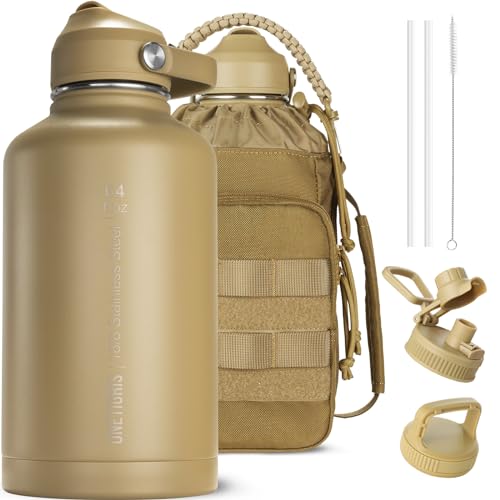 ONETIGRIS 64oz Tactical Insulated Water Bottle with 3 Lids & MOLLE Pouch - color: Brown