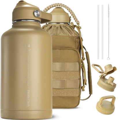 ONETIGRIS 64oz Tactical Insulated Water Bottle with 3 Lids & MOLLE Pouch - color: Brown