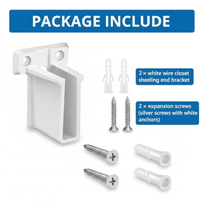 2 Pcs White Plastic Wire End Shelf Brackets，Wall Mount Closet Shelf Brackets, Shelf Support Brackets for Closets Cabinets with Expansion Screws Wire Shelving Accessories