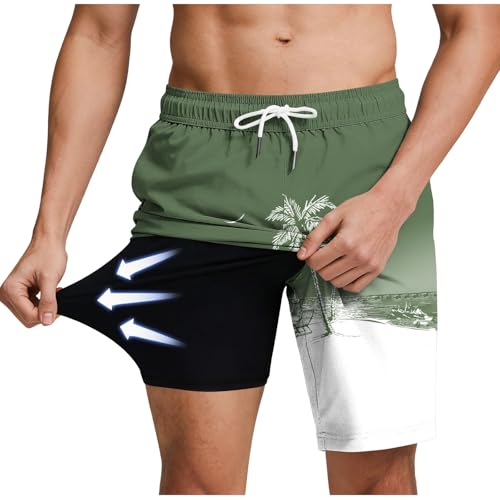 Men's Swim Trunks with Compression Liner Drawstring Bathing Suits Board Beach Shorts with Pockets - color: Army Green, size: Large