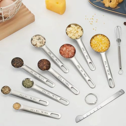 11-Piece Stainless Steel Measuring Spoons Set with Mini Whisk & Measuring Cup – Extra 4 tsp & 2/3 tbsp – Dry & Liquid Ingredients