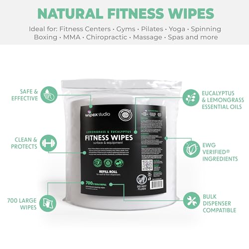 Wipex Plant Based Gym Wipes Dispenser Refill - EWG Verified - 1400 Count 8"x8" Fitness Equipment Wipes with Cleaning Vinegar, Lemongrass & Eucalyptus, Quality Gym Wipes for Equipment & Surfaces - size: 700 Count (Pack of 2), style: Plant-Based Cloth: Lemo