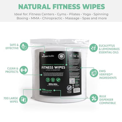 Wipex Plant Based Gym Wipes Dispenser Refill - EWG Verified - 1400 Count 8"x8" Fitness Equipment Wipes with Cleaning Vinegar, Lemongrass & Eucalyptus, Quality Gym Wipes for Equipment & Surfaces - size: 700 Count (Pack of 2), style: Plant-Based Cloth: Lemo