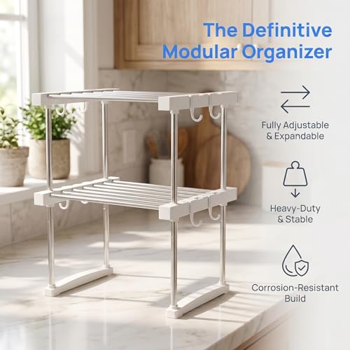 BLULEE Expandable Under Sink Organizer - 3D Adjustable Stackable Storage Shelves,Modular Cabinet Rack Around Pipes for Kitchen Bathroom