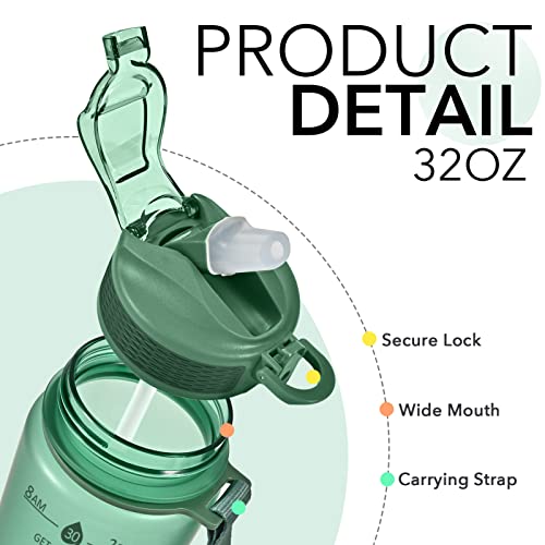 Hyeta Plastic Water Bottle With Straw & Time Marker, 32oz Leakproof Jug - color: Forest