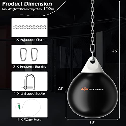 Goplus Water Aqua Bag, 21'' 180 Pound /18” 110 Pound Heavy Punching Bag with Adjustable Metal Chain, Water Injection Hose, Boxing Training Bag for Adults Fitness, MMA - style: Black-18”, 110LBS
