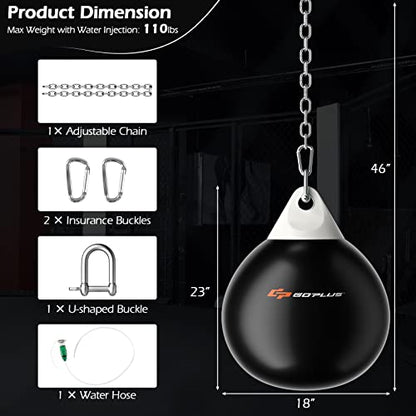 Goplus Water Aqua Bag, 21'' 180 Pound /18” 110 Pound Heavy Punching Bag with Adjustable Metal Chain, Water Injection Hose, Boxing Training Bag for Adults Fitness, MMA - style: Black-18”, 110LBS