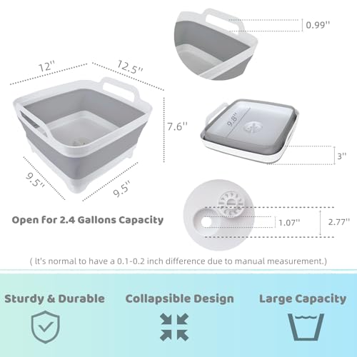 Collapsible Wash Basin with Drain Plug - 2.4 Gallon Foldable Kitchen Sink for Baby Bottles, RV Camping, Space-Saving Dish Tub (Gray-Pink) - color: Gray-pink
