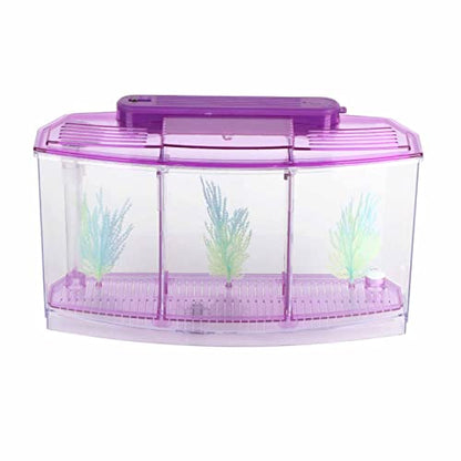 Fish Breeding Box, Aquarium Breeder Box Guppy Breeder Box Acrylic Fish Breeding Box Three Divisions Breeding Isolation Box with LED (Purple)