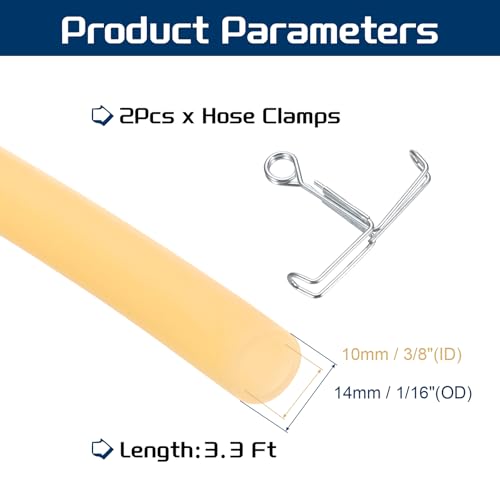 PATIKIL 3.3 Ft(1M) Natural Latex Rubber Tubing, 3/8"(10mm) ID x 9/16"(14mm) OD Sling Shot Rubber Tubing Tube with Hose Clamps for Exercise, Stretching, Laboratory, Home Hose Tube - size: 10mm ID x 14mm OD