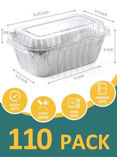110 Pack 6x3.5x2 Disposable Aluminum Loaf Pans with Lids - 1 Lb Mini Loaf Pans, Small Aluminum Tin Foil Baking Pan, Food Containers for Baking, Cakes, Bread, Meat, Loaves