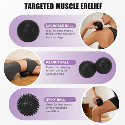 3-in-1 Massage Ball Set, Peanut Ball, Spiky, Lacrosse for Plantar Fasciitis | Includes peanut, spiky & lacrosse balls. For yoga, myofascial release, deep tissue massage, back neck shoulder pain relief.
