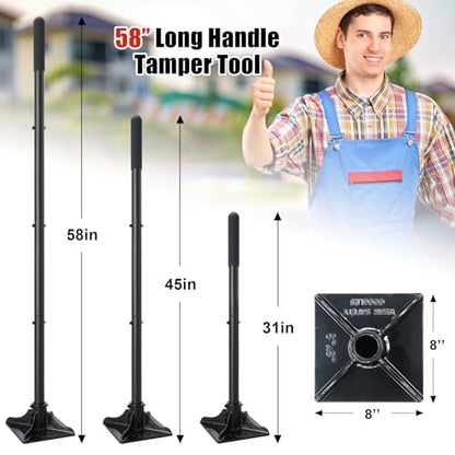 Tamper Tool, Heavy Duty Ground Steel Tamper Tool Kit Long Handle 58 Inch, 8x8” Square Dirt Hand Landscaping Garden Tools for Leaving Soil, Sand, Gravel, Asphalt, Driveway