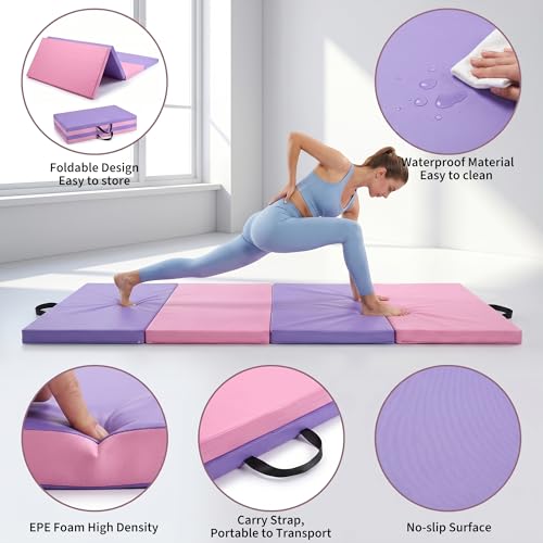 Garvee Gymnastics Mat, 6.2Ft 2-Inch Thick 4-Fold | Exercise Floor Mat for Home Gym, Portable Yoga Mat for Pilates, Aerobics, Martial Arts & Training - size: 6x3Ftx2"-Pink-Purple