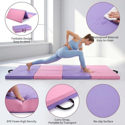 Garvee Gymnastics Mat, 6.2Ft 2-Inch Thick 4-Fold | Exercise Floor Mat for Home Gym, Portable Yoga Mat for Pilates, Aerobics, Martial Arts & Training - size: 6x3Ftx2"-Pink-Purple