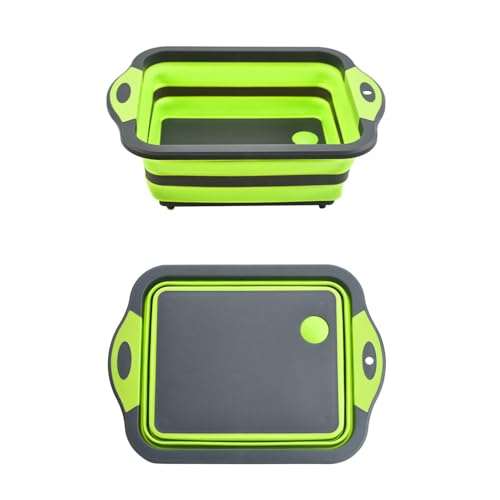 Camping Collapsible Cutting Board Dish Basin BBQ Prep Tub Camp Sink Dish Washing Station Multifunctional Storage Basket(Grey green) - color: Grey Green