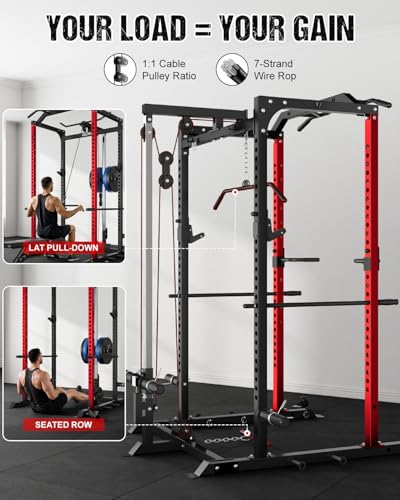 C1-V4 Power Cage, 2000LBS Squat Rack with LAT Pulldown, Multi-Function Weight Cage Strength Training Machine, Workout Cage with More Attachments for Home Gym Garage - style: RD Home Gym Package