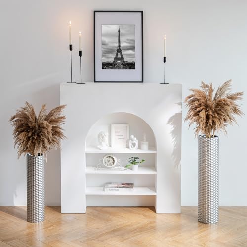Sziqiqi Silver Tall Floor Vase: 27.6/21.7in Metal Cylinder Vases Extra Large Decorative Vase Set of 2 Living Room Modern Honeycomb Texture Big Standing Decor for Dining Bedroom Home Corner Indoor