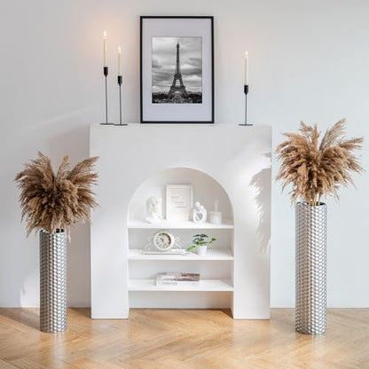 Sziqiqi Silver Tall Floor Vase: 27.6/21.7in Metal Cylinder Vases Extra Large Decorative Vase Set of 2 Living Room Modern Honeycomb Texture Big Standing Decor for Dining Bedroom Home Corner Indoor