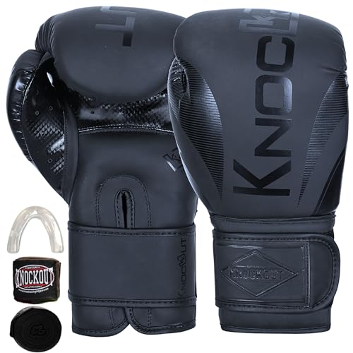 Knockout Elite Boxing Gloves 8-16 oz for Men & Women with Wraps & Mouth Guard - Ideal for Muay Thai, Kickboxing, Adult Heavy Punching Bag Gloves Training - Durable, Comfortable & Protective - color: Black / Black, size: 8 oz