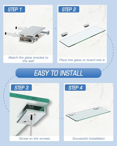 Alise Glass Shelf Bracket Adjustable Shower Brackets,Heavy Duty Rectangle Clamp Holder for 10-12mm Glass Shelves,Wall Mount Clamps Clip Support Hardware Replacement Parts,Polished Chrome 4 Pcs