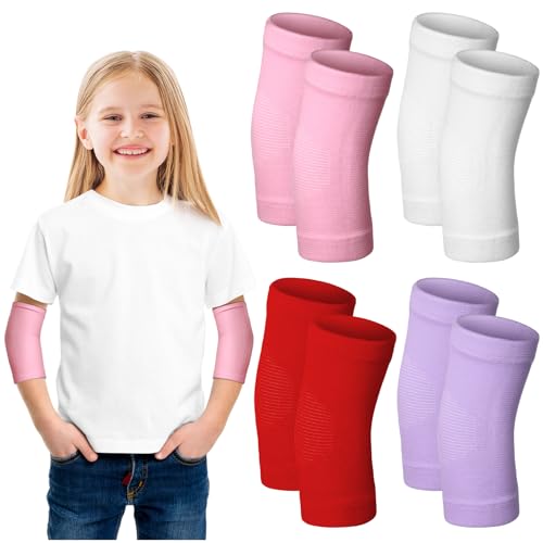 Lenwen 4 Pairs Kids Elbow Brace Compression Arm Elbow Sleeve Knit Guard Gym Protectors for Boys Teen Children Girls Basketball Volleyball Tennis Cycling(5-10 Years,Light Pink, Red, White, Purple) - color: Light Pink, Red, White, Purple, size: 5-10 Years