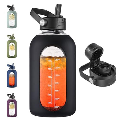 CIVAGO 64 oz Glass Water Bottle Jug with Detachable Straw and Time Maker - color: Black, size: 64 Ounces