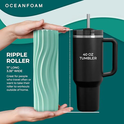 Oceanfoam Ripple Travel Foam Roller (11" x 3.35") Firm Mini Foam Roller for Physical Therapy, Deep Tissue Massage, Back Pain - High Density, Ergonomic Wave Textured - Yoga, Pilates, Exercise (Seafoam) - color: Seafoam