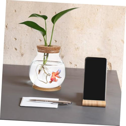 Small Glass Fish Bowl with Wood Lid, Hydroponic Desktop Aquarium Tank 10x11cm with Mat, Mini Planter Fish Tank for Home and Office Decoration