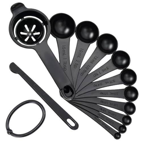 Measuring Spoons, Plastic Measuring Spoons Set with Egg Separator 12-Piece,Black - color: Black