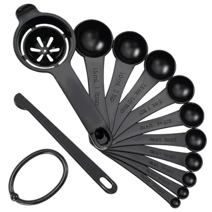 Measuring Spoons, Plastic Measuring Spoons Set with Egg Separator 12-Piece,Black - color: Black