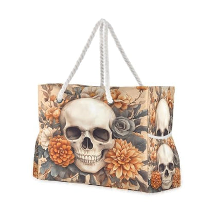 senya Large Beach Bags Totes Canvas Tote Shoulder Bag Soft Wave Water Resistant Bags for Gym Travel Daily Ocean - color: Skeleton Flower