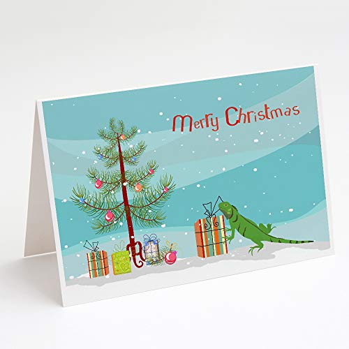 Caroline's Treasures CK4544GCA7P Iguana Merry Christmas Greeting Cards and Envelopes Pack of 8 Blank Cards with Envelopes Whimsical A7 Size 5x7 Blank Note Cards - style: Amphibians & Reptiles - Iguana