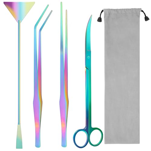 Aquarium Aquascape Tools Kit, 4 in 1 Anti-Rust Aquatic Plant Aquascaping Tool Stainless Steel Black Tweezers Scissors Spatula for Aquarium Tank Clean Fish Tank Aquascape Accessories Set - color: Corlorful