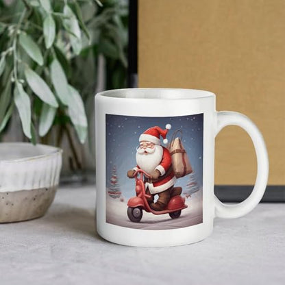 11oz White Ceramic Coffee Mug Funny Santa Claus on Scooter Tea Cup Microwave & Dishwasher Safe, Lead-Free for Home Office Daily Use & Gifting - color: santa claus on scooter