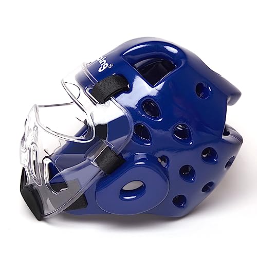 Kids Adults Karate Headgear, with Removable PC Face Shield Eva High-Density Foam Taekwondo Helmet Multiple Vents for Sparring Grappling Muay Thai Kickboxing MMA Karate Taekwondo Training - color: blue, size: Large