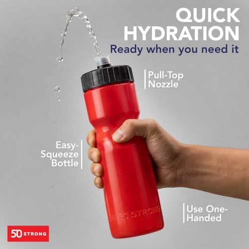 50 Strong | Bulk Water Bottles, 24-Pack, 22 oz, Sports Squeeze, Red - color: Red