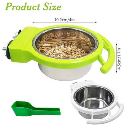 2 PCS Bird Feeding Dish Cups with Perch Stand Hanging Stainless Steel Bird Bowls Food Container Food and Water Bowls with Spoon for Budgie Cockatoo Finch Lovebirds Pigeons (Green&White)