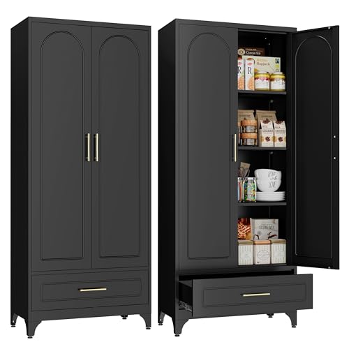 Metal Storage Cabinet with Drawers,75Inch Black Pantry Cabinets for Kitchen Storage with 3 Adjustable Shelves,Tall Kitchen Pantry Cabinet for Living Room, Dining Room，Office - color: Black, style: 75 Inch with Drawer
